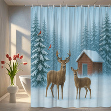 Winter Deer Shower Curtain - Rustic Snowy Forest Scene