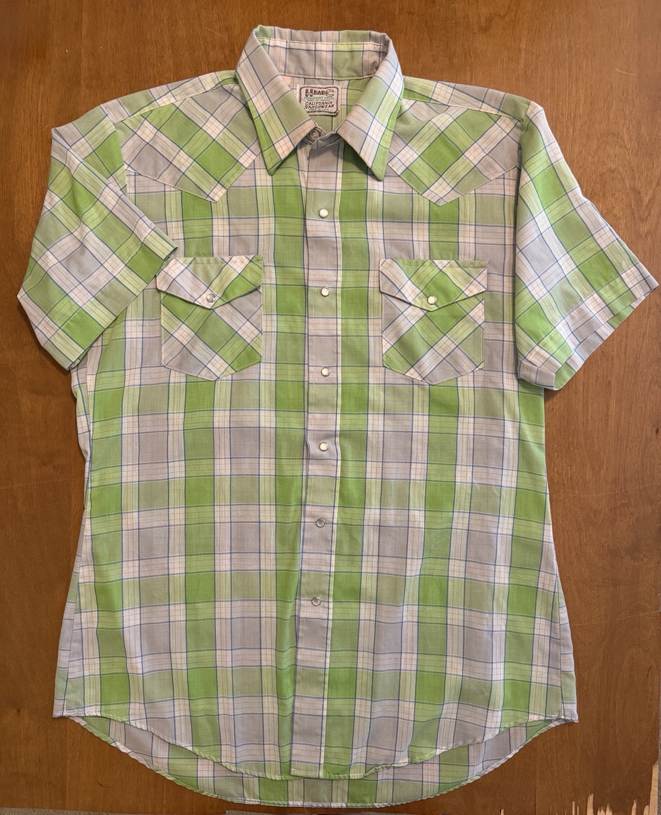 VTG H Bar C Pearl Snap Shirt Western Ranch Wear Mens 16.5 Green Plaid USA Made