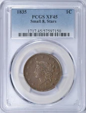 1835 CORONET LARGE CENT SMALL 8, STARS PCGS XF45 NICE COIN