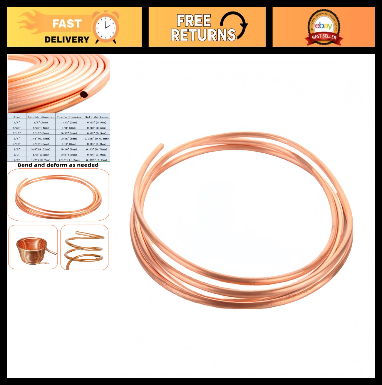 Seamless 1/4" OD Copper Tubing - 3/16" ID x 10 FT - Refrigeration & DIY Projects