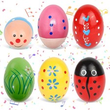 6 Pack Wooden Percussion Musical Easter Eggs Shakers - Colorful Hand-Painted