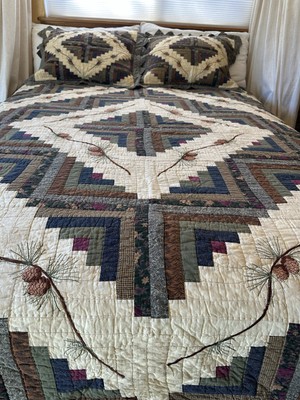 Vtg Donna Sharp Patchwork Quilt Cabin Raising Pine Cone Full Queen 2 Sham Lodge