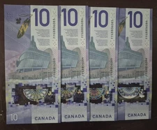 (x4) $10 Bill Canada 2018 Sequential Serial Number #FFG8806083 - #FFG8806086 Nm+