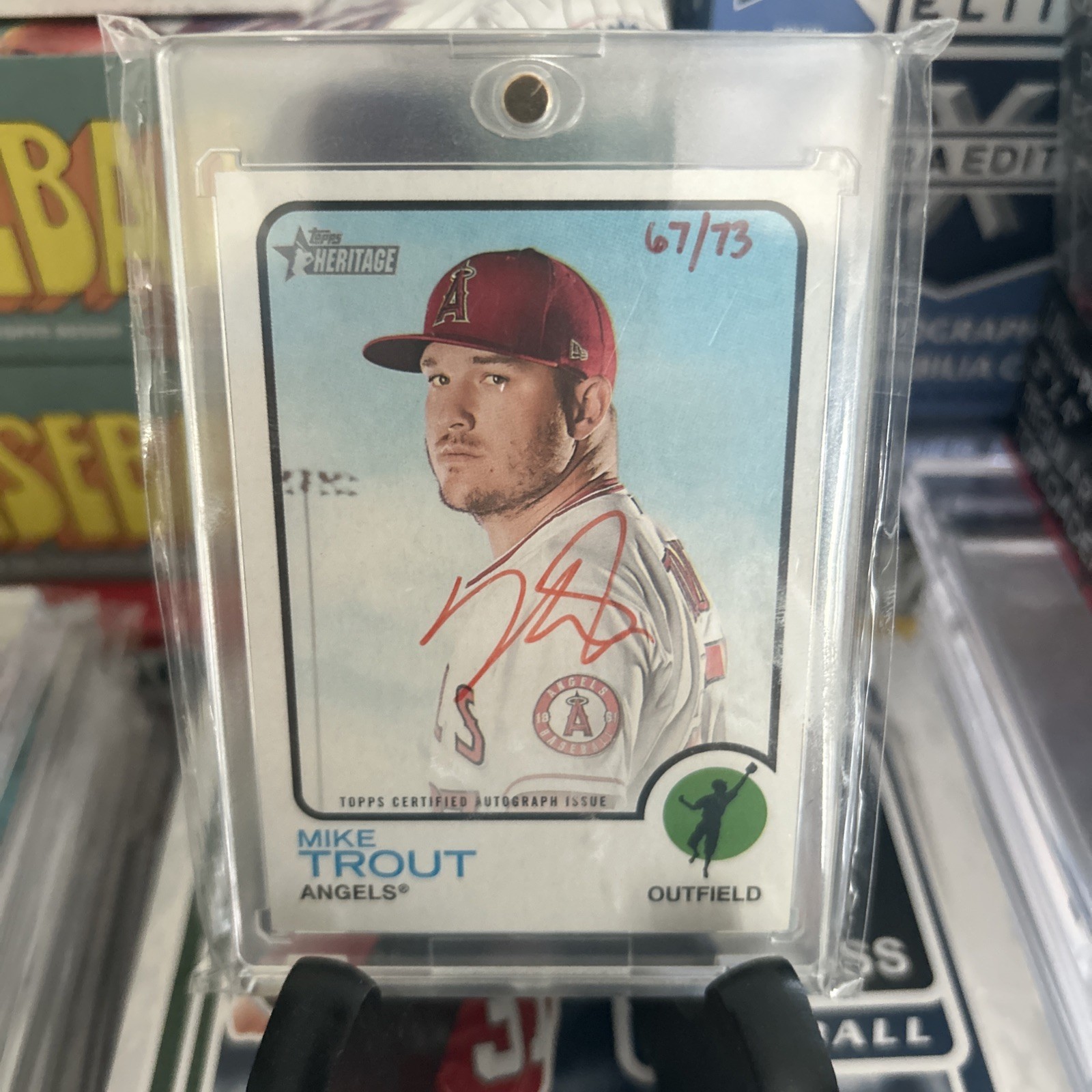 2022 Topps Heritage #ROA-MT Mike Trout Real One Red Ink /73 Auto Angels