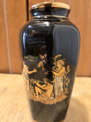 Greek Handmade & Painted 24K Gold On Black 6  Tall Spyropoulos Vase Signed K