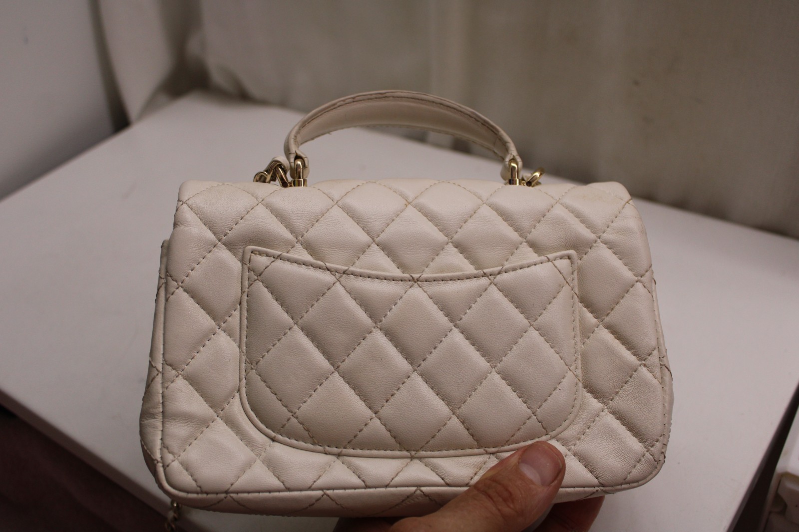 Chanel quilted lambskin mini coco handle flap bag off white 8X6X2"Gold Hardware image 9