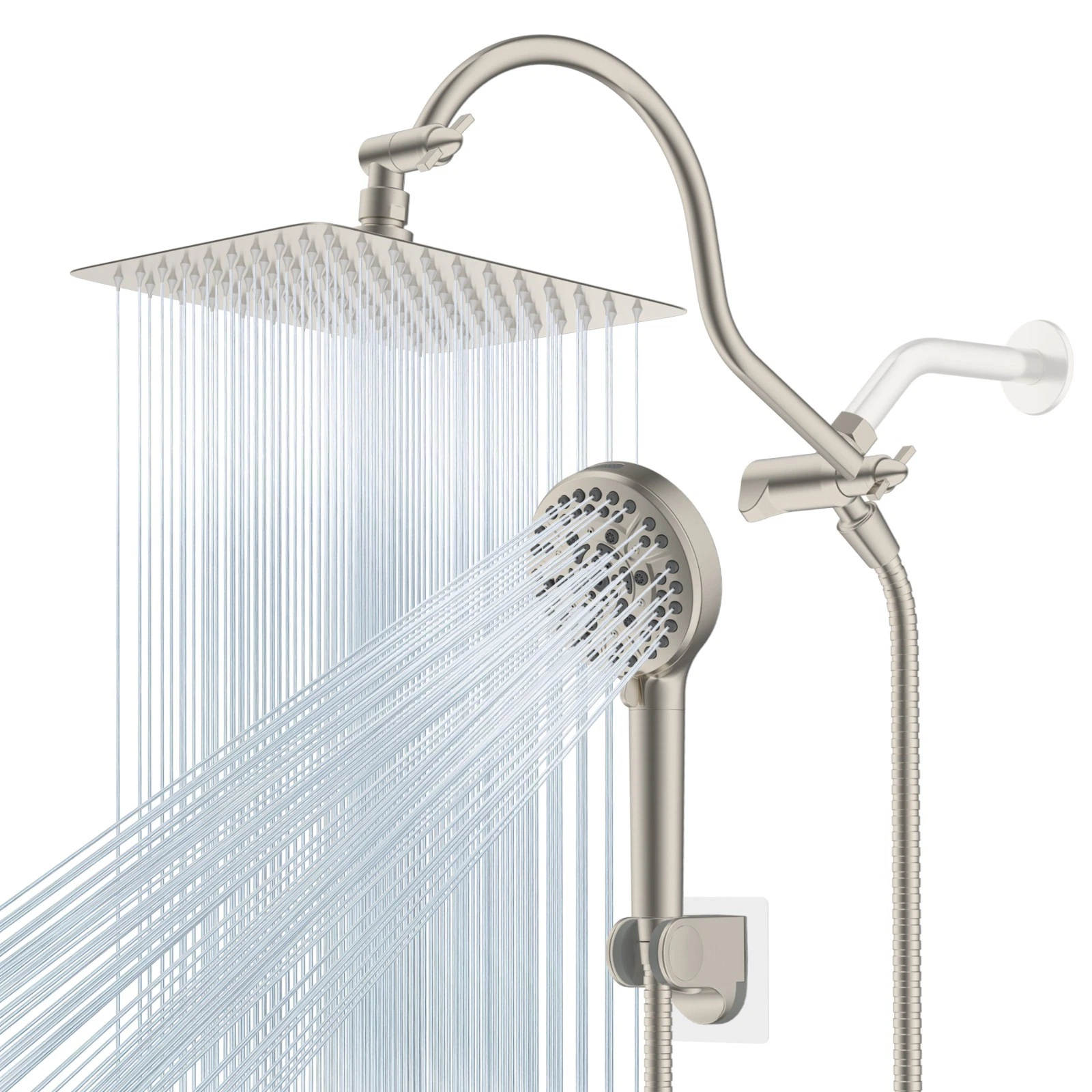 All Metal 10-In High Pressure Rainfall Handheld Shower Head Combo Brushed Nickel