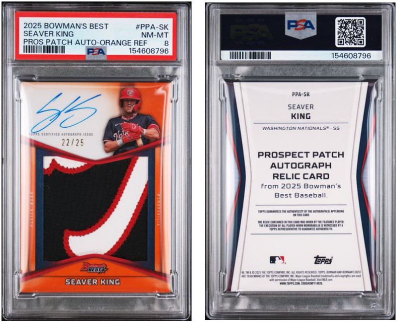 2025 BOWMAN'S BEST SEAVER KING PROSPECT PATCH AUTO ORANGE /25 PLAYER WORN PSA 8
