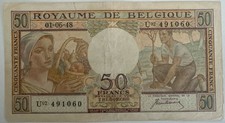 Belgium 50 Francs, 1948 P-133a Mower Woman Farmer Banknote aUnc