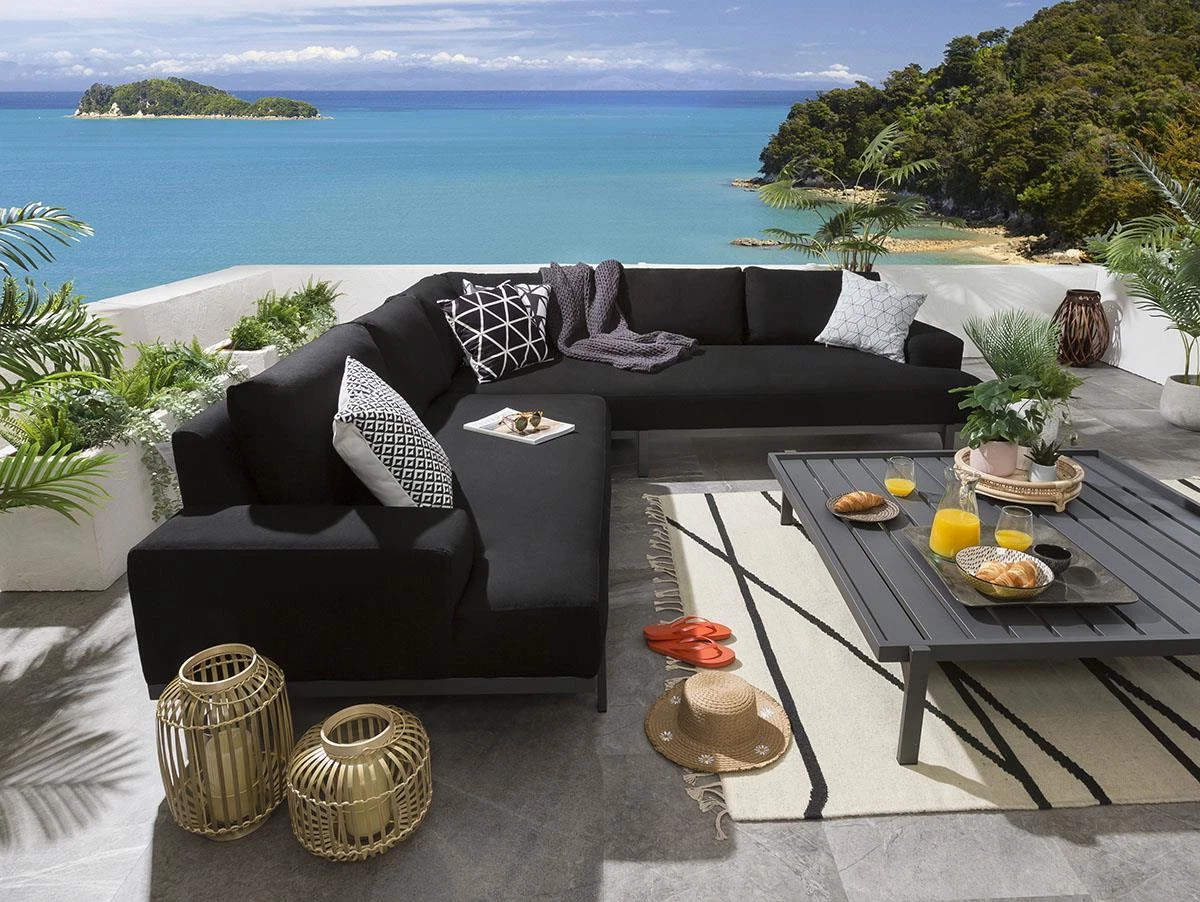 ExDisplay 5 Seat Corner Garden Sofa Set Black Sunbrella Grey Frame