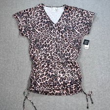 Bar III Beach Cover-Up Caftan Cheetah-Print Women's Small Ruched Tie V-Neck New