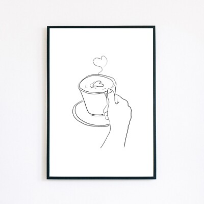 Hand Kaffee Illustration Herz minimalistische Linie Kunst 7x5 Home Wand Dekor Druck 