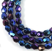 50 Firepolish Czech Glass Faceted Round Beads - Iris - Blue 4mm