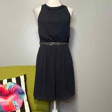 Zara Navy Blue Chiffon Beaded Waist Sleeveless Dress Medium