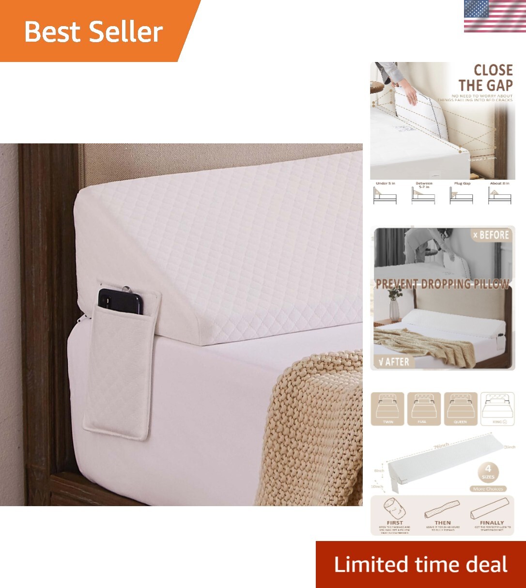 King Size Bed Wedge Pillow Headboard Gap Filler 76x10x6 Inches 0-8 Inch Adjustable Support