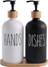 Hand and Dish Soap Dispenser Set with Bamboo Tall Tray for Kitchen Bathroom