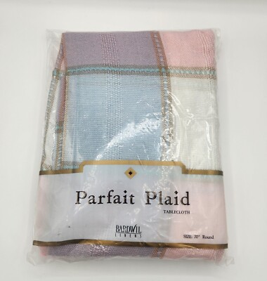 VTG Parfait Plaid Pastel Colors Tablecloth Easter Spring 70'' Round Bardwil Linen