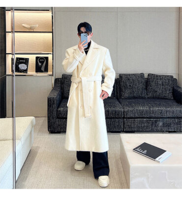 Korean Pink Woolen Coat Men's Long Knee Length Trench Coat Korean Pink Woolen Coat Men's Long Knee Length Trench Coat