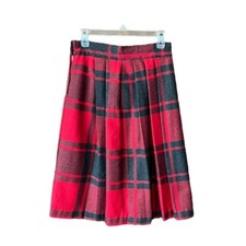 Vintage 80 s Wool red plaid pleated midi skirt Womens size 11/12