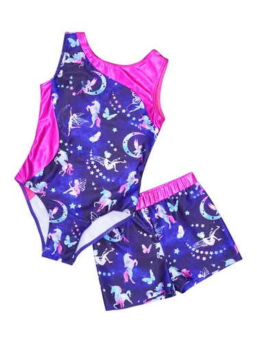 Girls Gymnastics Yoga Sport Sets Fancy Print Leotard and Shorts Dancewear Outfit - Picture 10 of 15