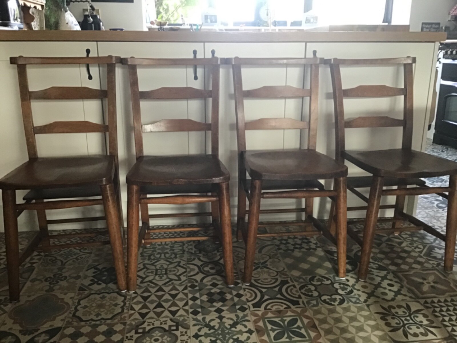 4 x Antique Elm Chapel church chairs. eBay
