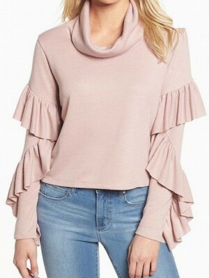 Leith 164962 Women's Cowl Neck Ruffled-Sleeve Sweater Pink Adobe Sz. XL