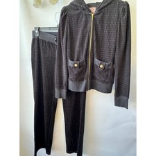 Rare Juicy Couture Black Velour Tracksuit Set Cable Knit Embossed Hoodie Pants L