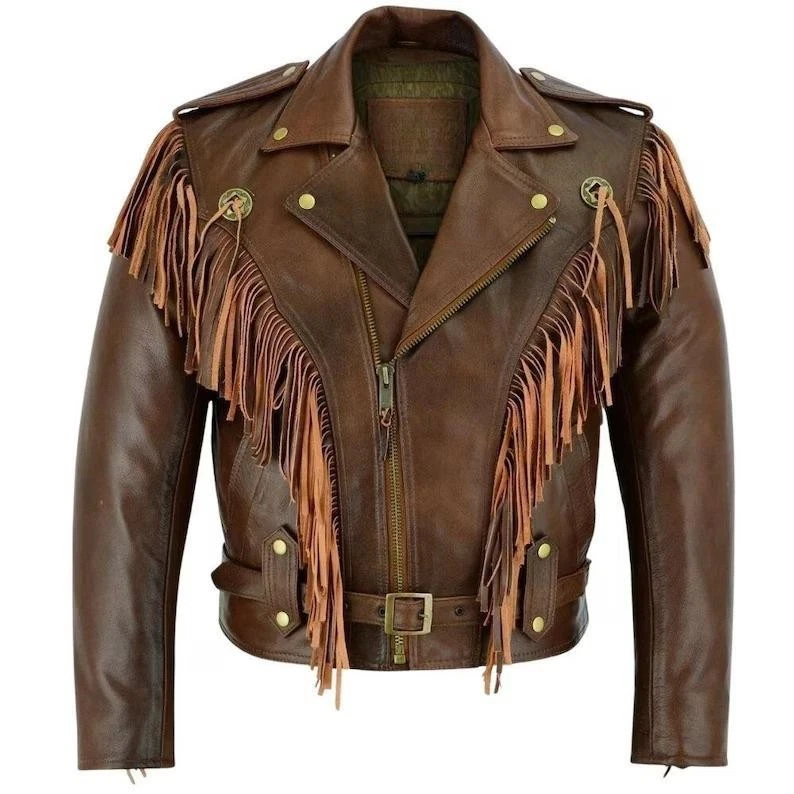 Men’s Brown Fringe Leather Jacket Western Cowboy Tassel Vintage Biker Coat
Opens in a new window or