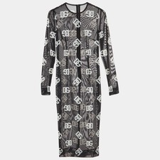 Dolce Gabbana BlackWhite Logo Print Mesh Midi Dress S