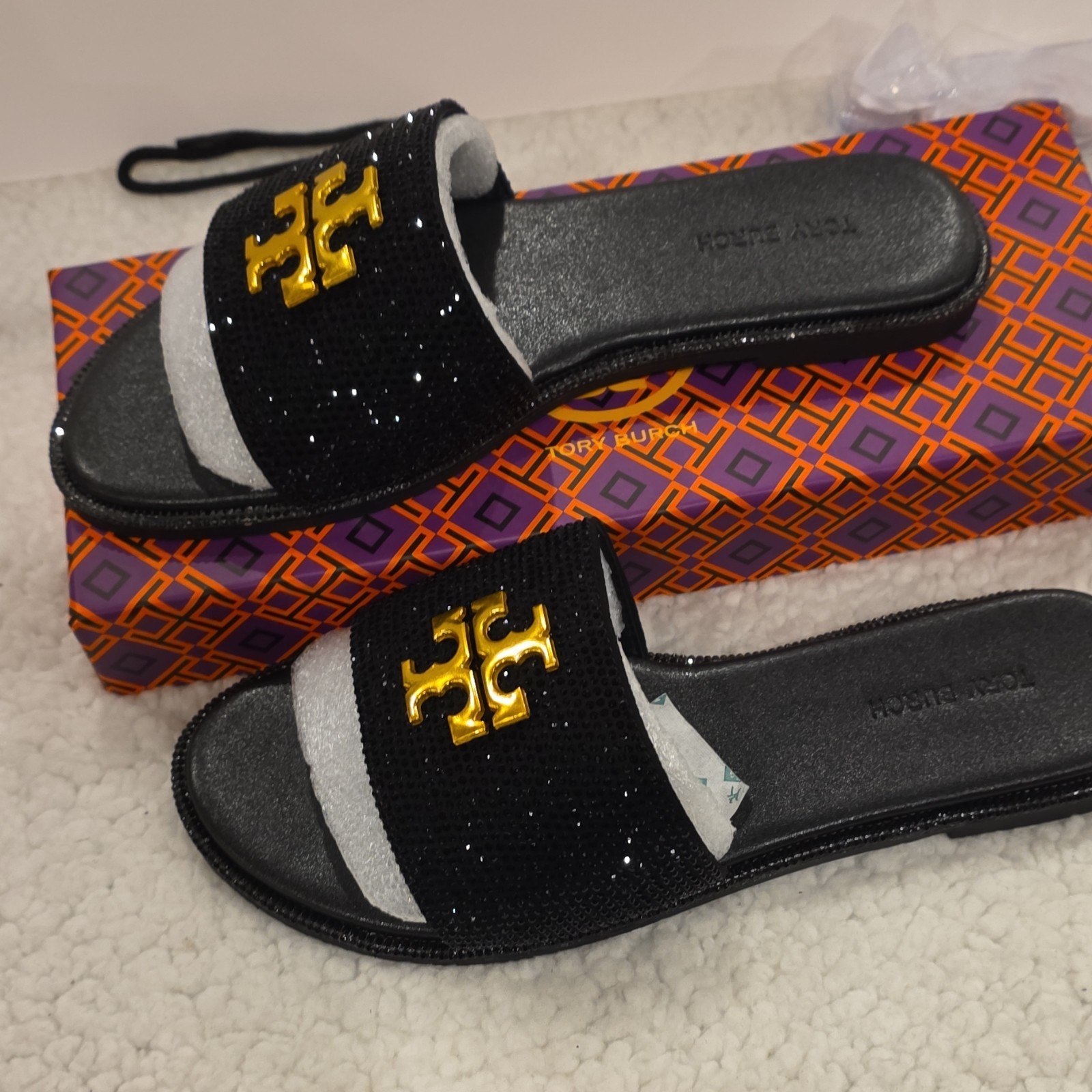 Tory Burch Black Gold Rhinestone Logo Slide Sandals Women's Slip On Casual thumbnail 3
