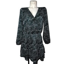 Anthropologie SADIE & SAGE Green Abstract Dot V-Neck Tiered Mini Dress LS Size M