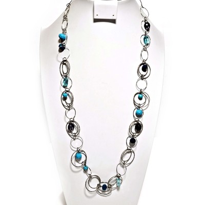 Silver Ring Necklace with Blue & Navy Faceted Beads