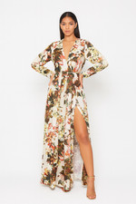 New PrettyLittleThing White Brown Floral Wrap Maxi Dress V Neck Long Sleeve Slit