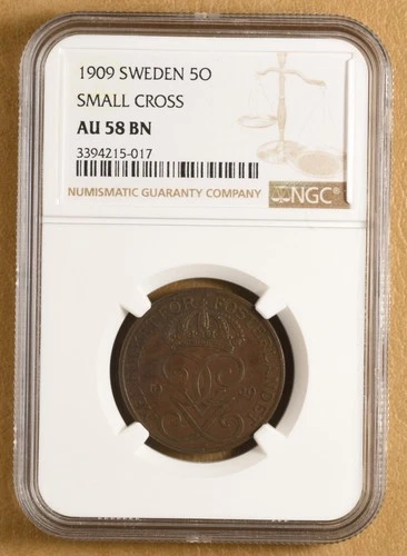 1909 Sweden 5 Ore 'Small Cross' NGC AU58BN