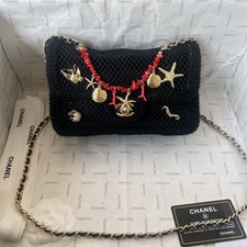 Black Mesh Knit Flap Crossbody Bag Gold Ocean Charm Vacation Shoulder Purse