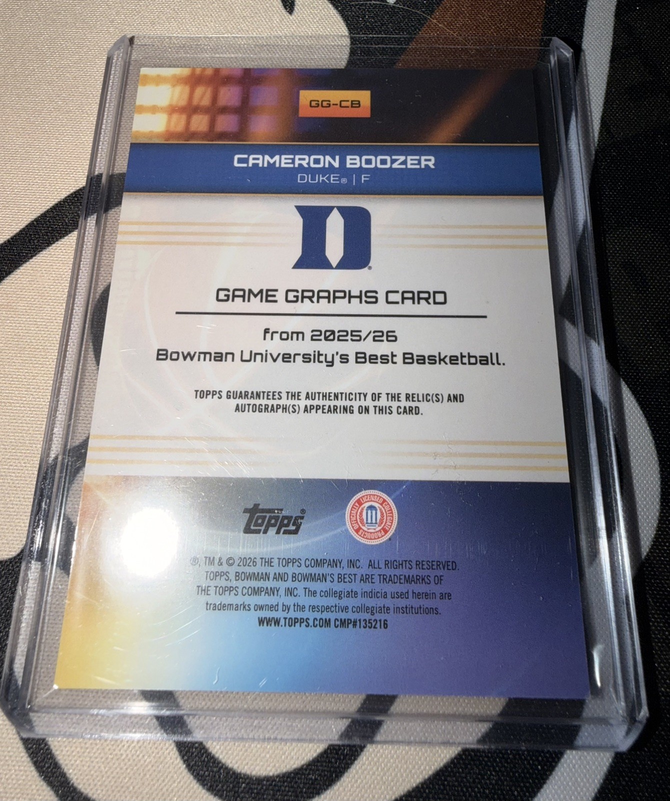 2026 Topps Bowman Best Cameron Boozer Game Worn Patch Auto GG-CB view 2