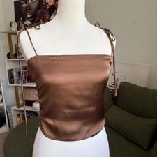 Urban Outfitters Brown Satin Tie Strap Ruched Cropped Tank Top Sleeveless L
