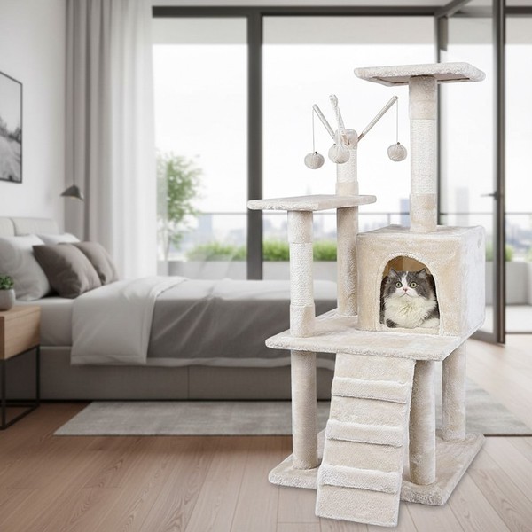 Kratzbaum 121CM Kletterbaum Beige Katzenkratzbaum Spielbaum Katzen Katzenbaum-image