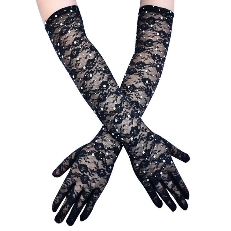 Lady Long Rhinestone Lace Gloves Shiny Crystal Opera Gloves