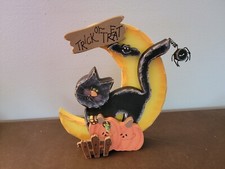 Cat TRICK or TREAT wood Halloween decoration Bat Pumpkin spider decor