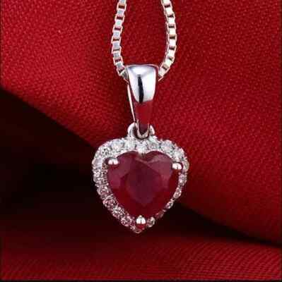3 CT Halo Heart Shape Red Ruby Womens Pendant Necklace14K White Gold Finish