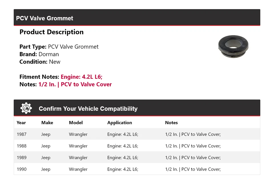 Para Jeep Wrangler 1987-1990 4,2 L L6 Dorman PCV ojal de válvula 1988 1989 Foto 2 de 4