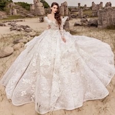 Luxury A-Line Wedding Dress Off Shoulder Long Sleeved Lace Applique Bridal Gowns