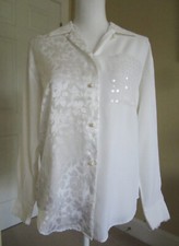 Vintage 90s FLoral Pattern White Sequin Pocket Lace Trim Button Up Blouse sz S