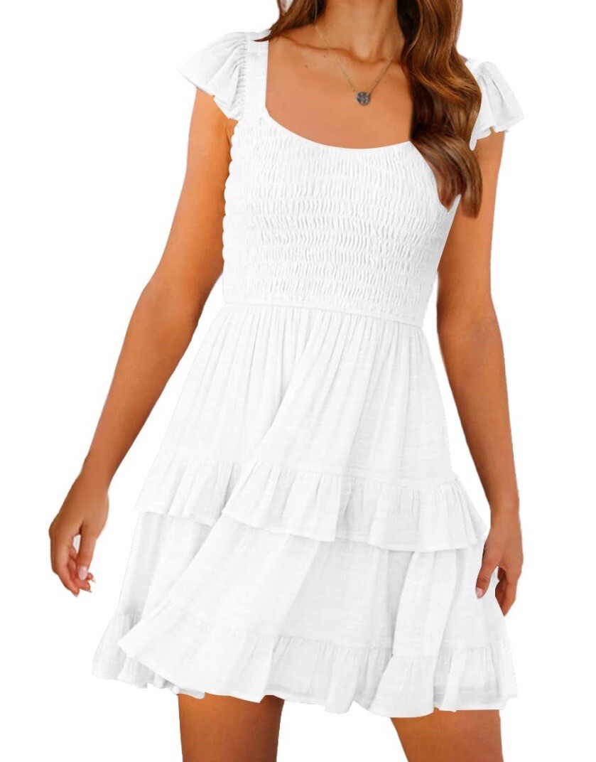 Womens Summer Dress Casual Boho Smocked Ruffle Sun Beach Babydoll Mini XL