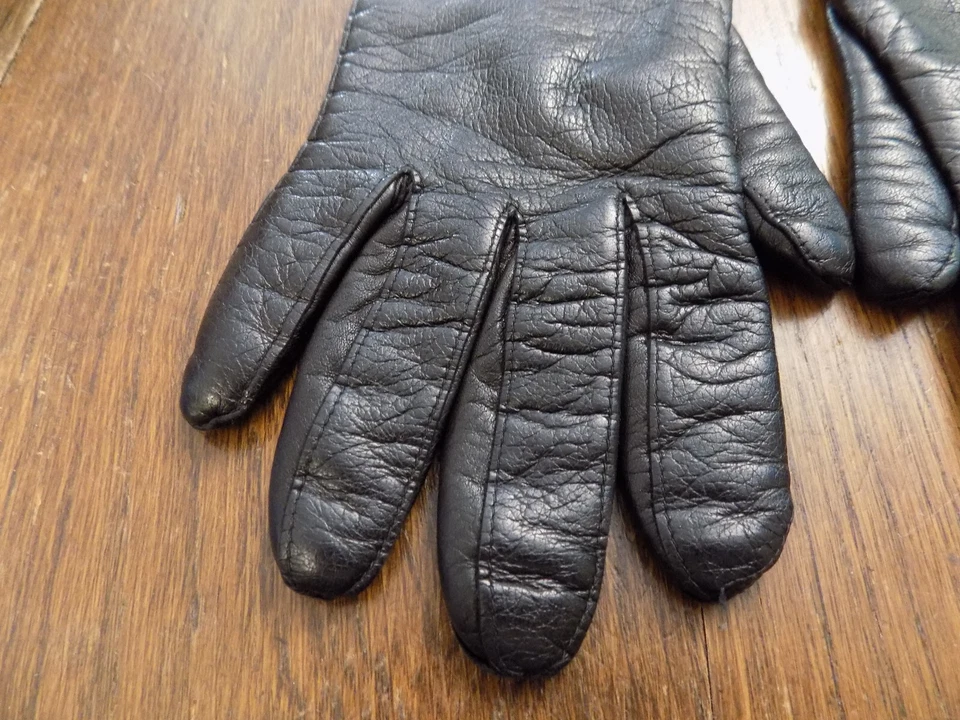 复古 Mantessa 黑色儿童皮革手套丙烯酸衬里长晚肘意大利 S — 第 4/4 张图片