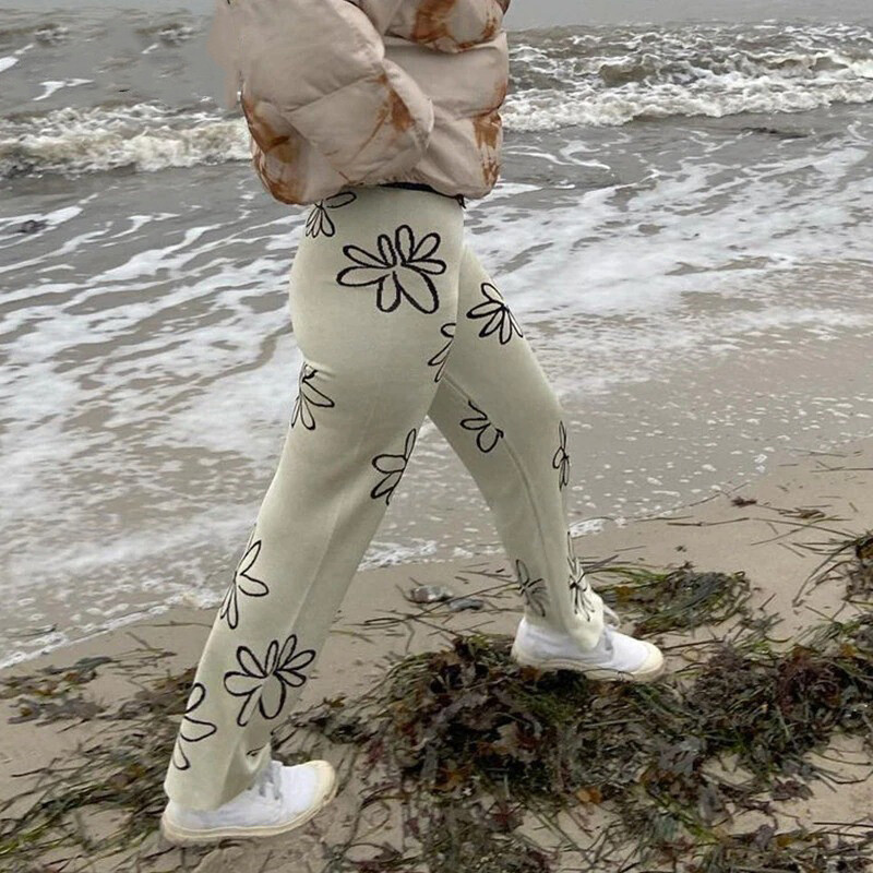 Vintage Flower Print Wide Leg Pants Retro Floral Knitted High