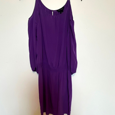 White House Black Market Purple Silk Chiffon Shift Dress S Scoop 3/4 Sleeve