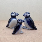 Blue & White Ceramic Puffin Figurine Set – Hand-Painted Seabird Miniatures Coast