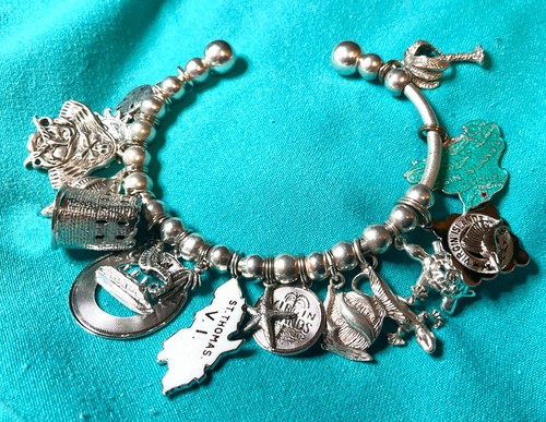 St.Thomas Virgin Islands Theme 18 Charm 43g Sterling Silver Cuff Bracelet